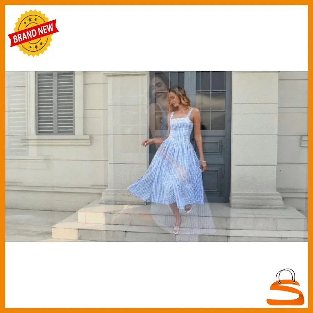 Summer Corset Midi Dress Flowy Square Neck Sleeveless with Pockets - Picture 8 of 8